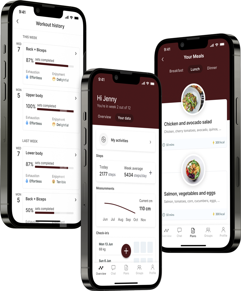 Een mockup van de coaching app die de functies laat zien.